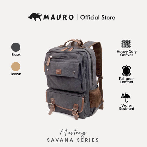 MAURO Mustang Vintage Canvas Leather Backpack 26L Travel Bag Baju Beg Retro Canvas Backpack Kerja Beg Travelling