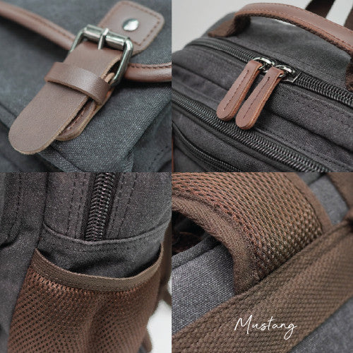 MAURO Mustang Vintage Canvas Leather Backpack 26L Travel Bag Baju Beg Retro Canvas Backpack Kerja Beg Travelling