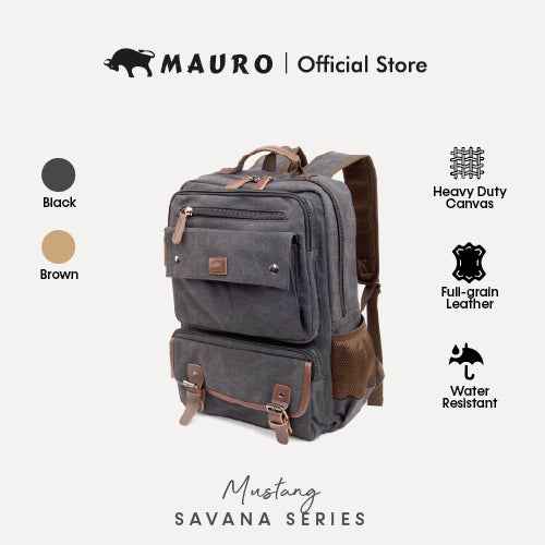MAURO Mustang Vintage Canvas Leather Backpack 26L Travel Bag Baju Beg Retro Canvas Backpack Kerja Beg Travelling