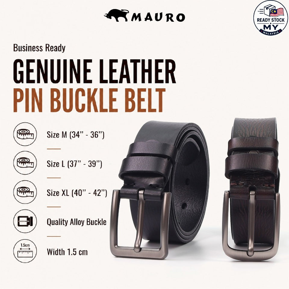 Ready Stock MY Business Ready MAURO Genuine Leather Classic Pin Buckle Belt Tali Pinggang Lelaki with Warranty