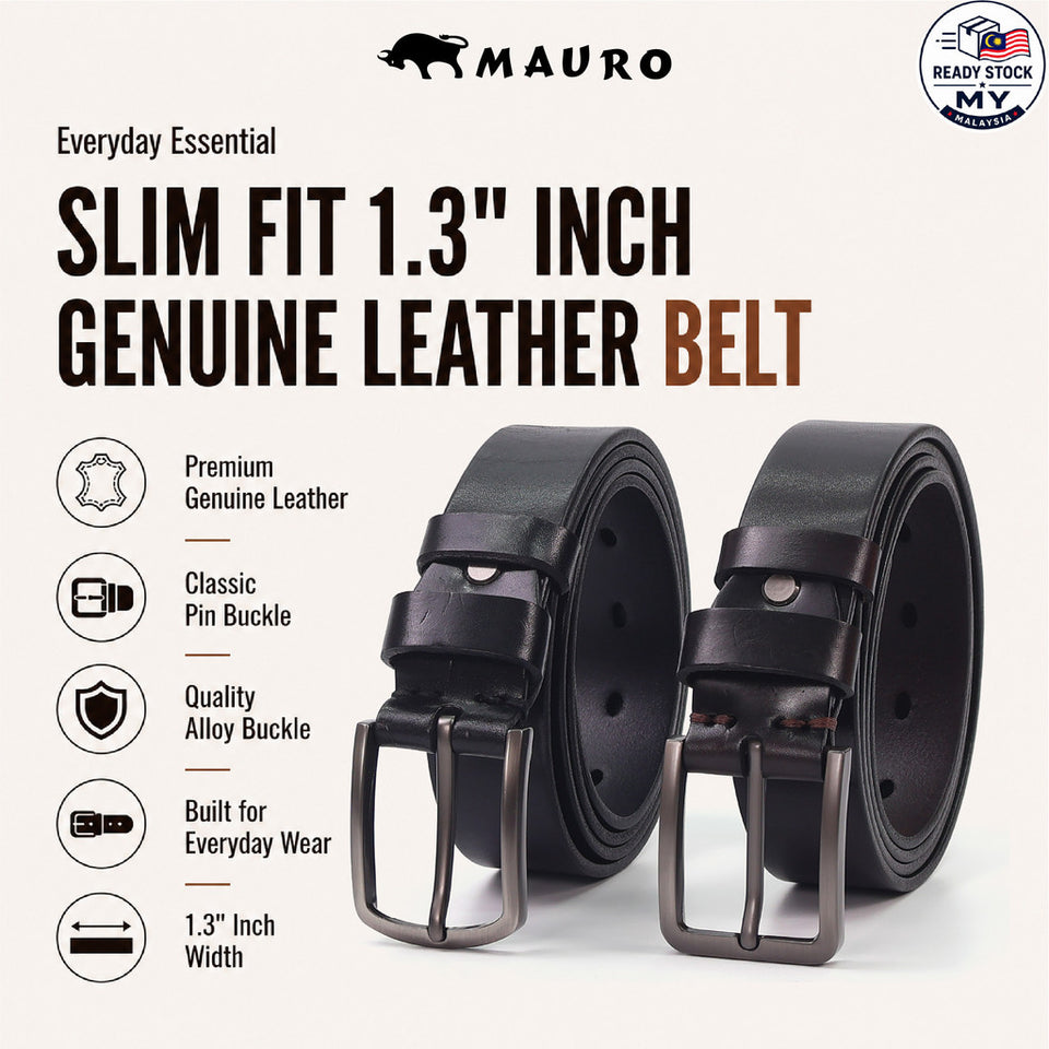 Ready Stock MY Slim Fit 1.3'' Inch Width MAURO Men Genuine Leather Belt with Premium Alloy Buckle