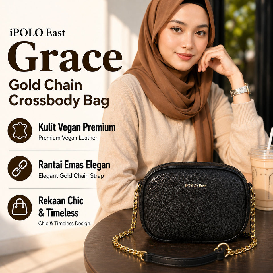 [ReadyStock MY] iPOLO East Grace Gold Chain Vegan Leather Ladies Crossbody Bag Beg Tangan Fashion Perempuan