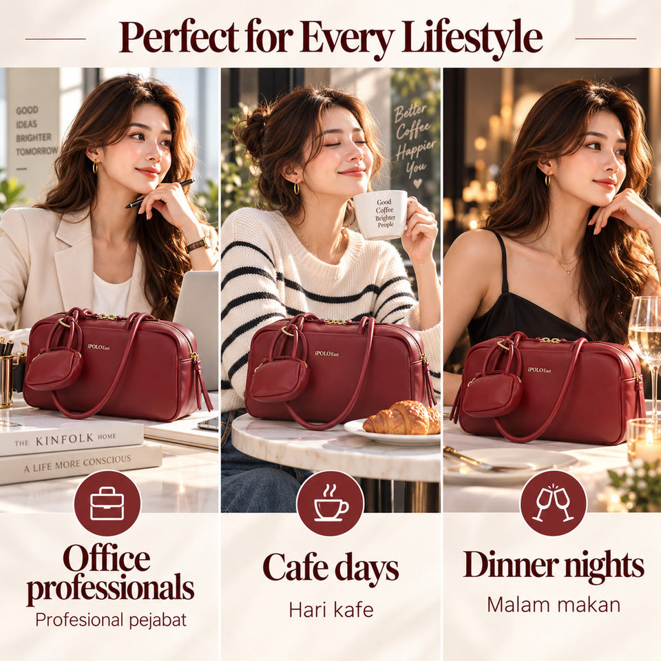[Ready Stock] MY iPOLO East Elegant Vegan Smooth Leather Texture Ladies Bowling Bag Beg Tangan Wanita