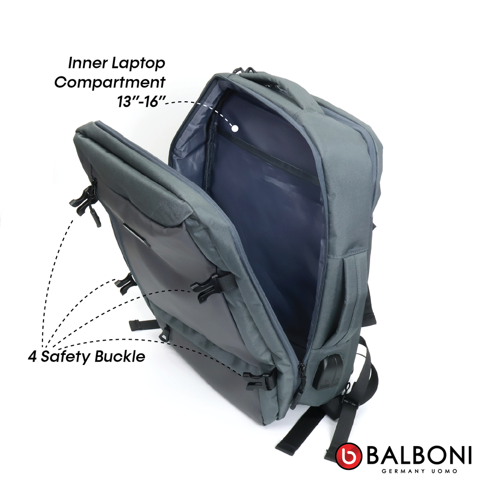 Balboni BRD4HZ5020 Travel Laptop Backpack – Water-Resistant, USB Charging Port, Large-Capacity (Ash Grey/Matte Black)