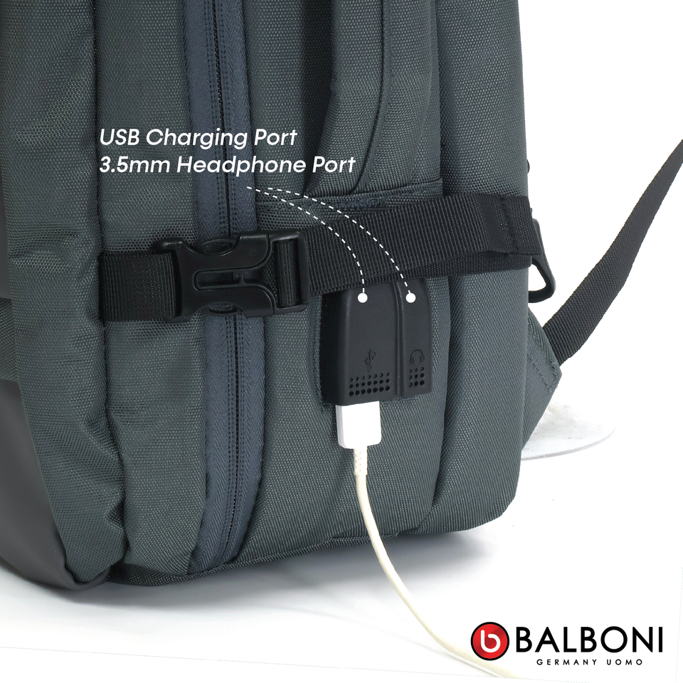 Balboni BRD4HZ5020 Travel Laptop Backpack – Water-Resistant, USB Charging Port, Large-Capacity (Ash Grey/Matte Black)