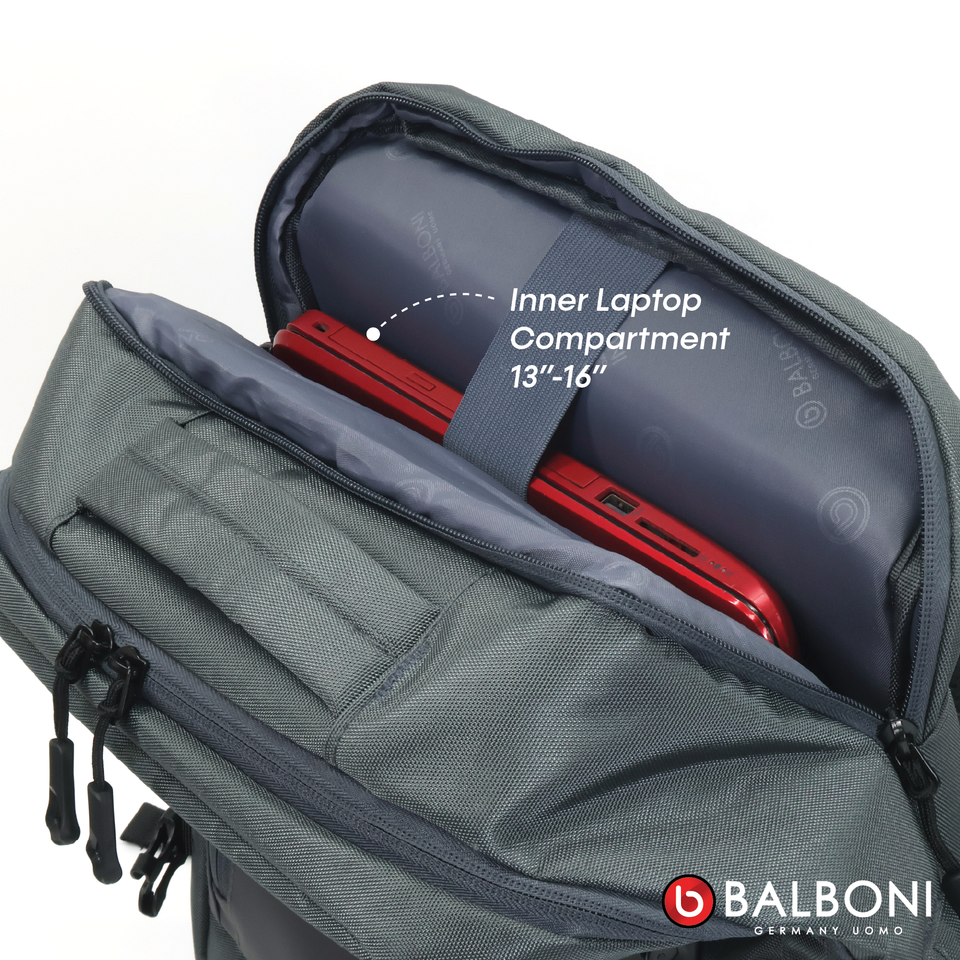 Balboni BRD4HZ5020 Travel Laptop Backpack – Water-Resistant, USB Charging Port, Large-Capacity (Ash Grey/Matte Black)